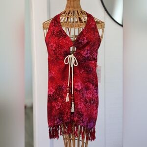 Red Floral Beach Cover with Tassel Detail